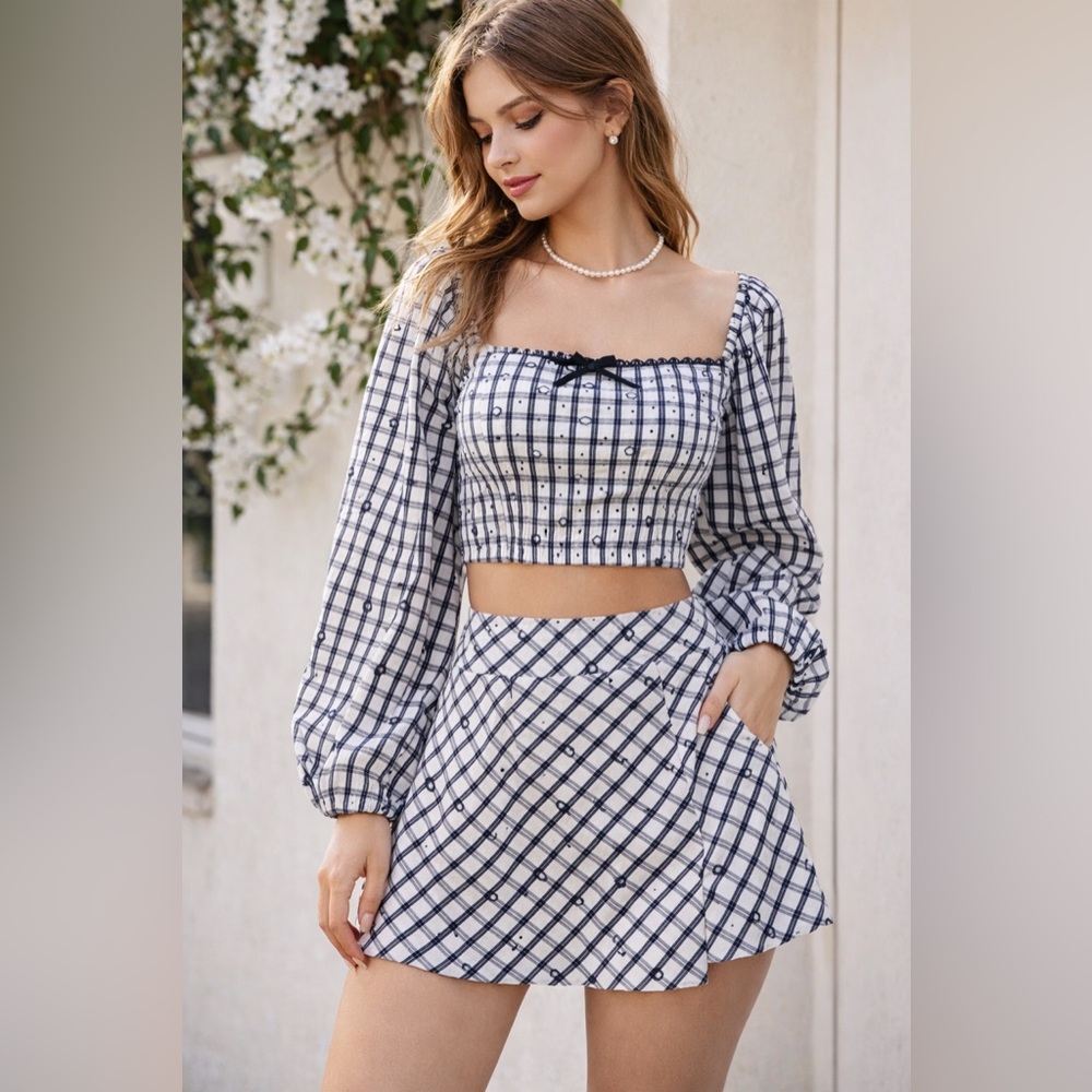 Le Lis Collection Coquette Plaid Crop Top & Skort Set –Cottagecore Size S